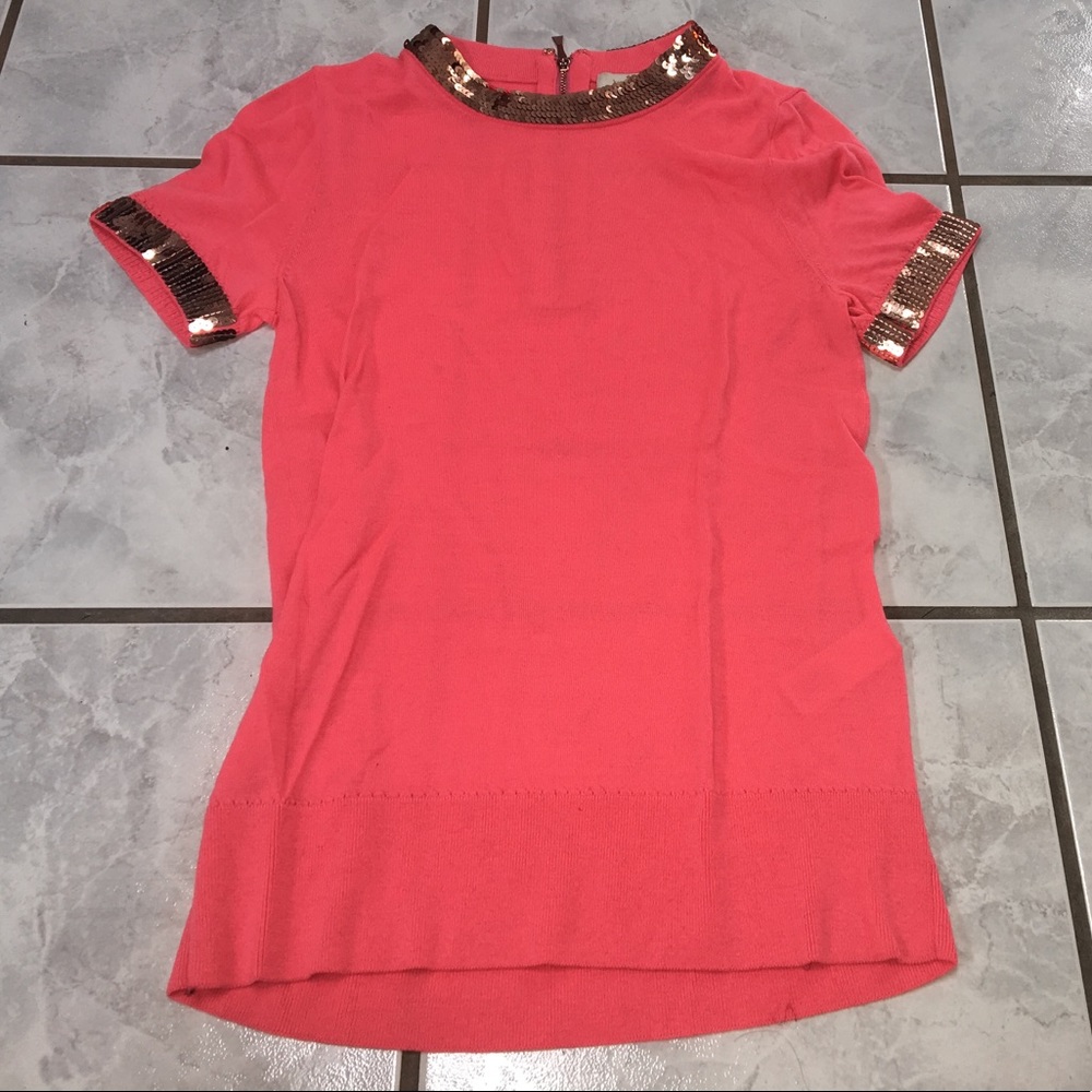 Kate Spade Coral Sequin Short Sleeve Sweater M